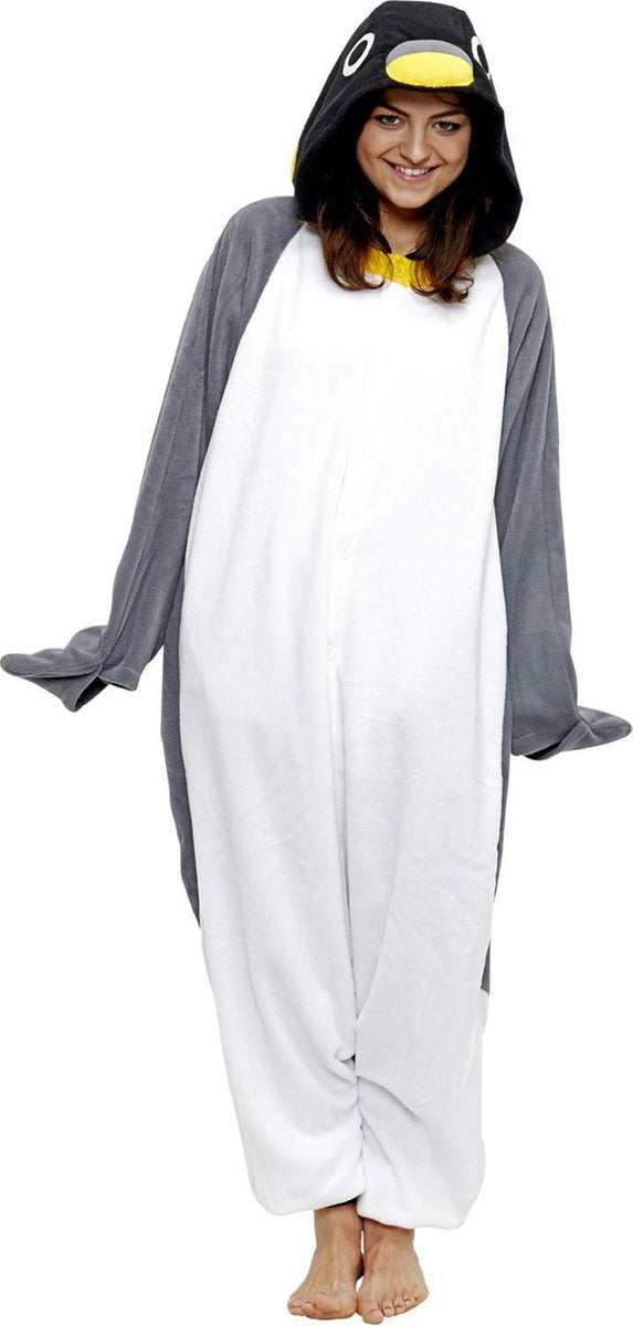 KIMU Onesie pinguin pak grijs kostuum - maat S-M - pinguinpak jumpsuit huispak