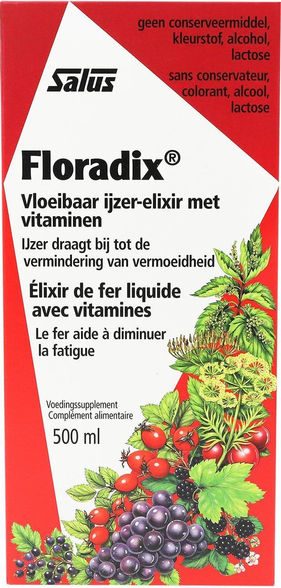 Salus Floradix IJzer-elixir – Bij vermoeidheid – Voedingssupplement met ijzer en vitamine B12 – 500 ml
