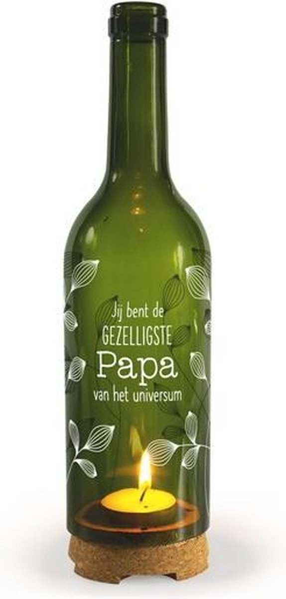 Verjaardag - Vaderdag - Cadeau - Wijnfles met waxinelichtje - Jij bent de gezelligste Papa van het universum - In cadeauverpakking met gekleurd lint