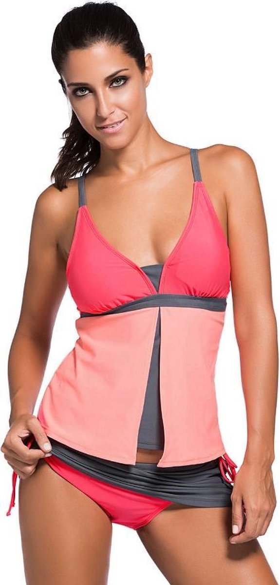 Tankini Dames 2-Delig - Colorblock Oranje Roze - Maat XL 'Trovina'