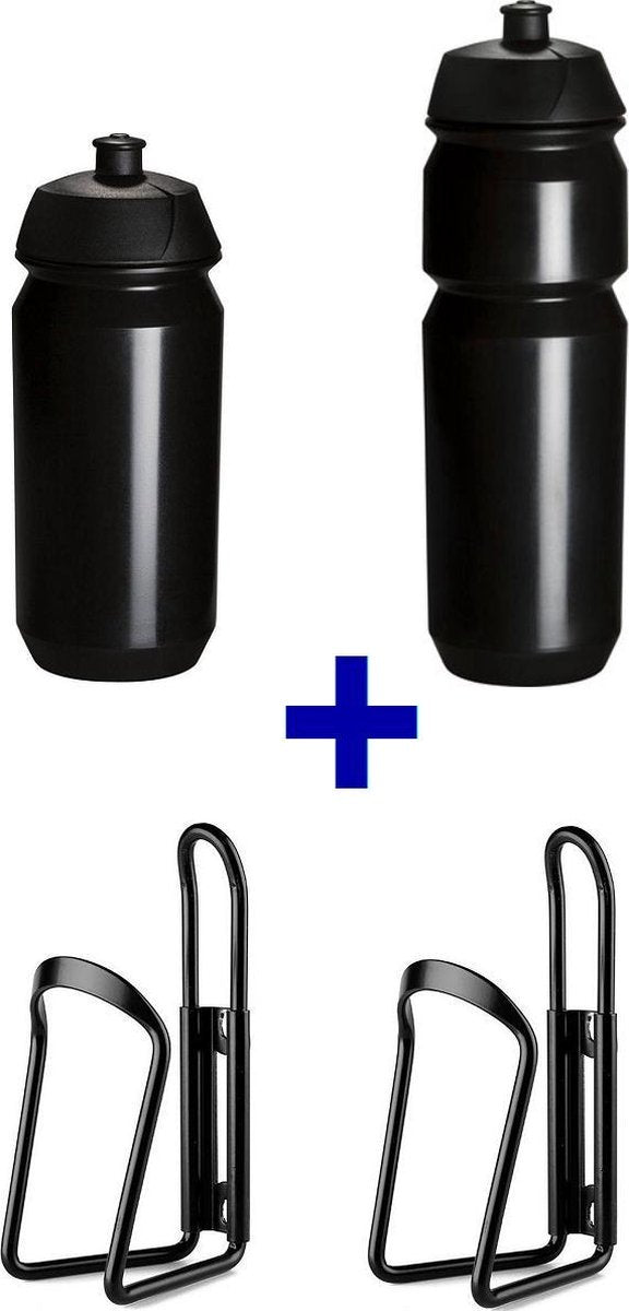 set Bidonnen met Bidonhouders - bestaande uit 1x 500ml en 1x 750ML Tacx Shiva bidons met aluminium bidonhouder - Zwart
