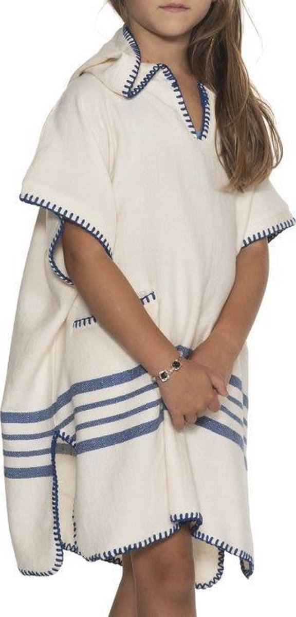 Kinder Strandponcho Natural Royal Blue - Leeftijd 4-5 Jaar - Jongens/meisjes/unisex Pasvorm - Poncho Handdoek Voor Kinderen Met Capuchon - Zwemponcho - Badcape