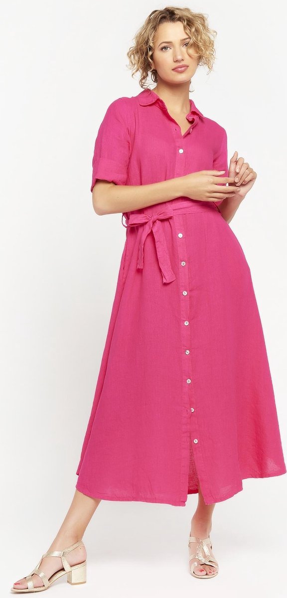 Maxi overhemd jurk met ceintuur - Fuchsia