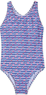 Slipstop Badpak gestreept blauw flamingo (valt klein) 104/110