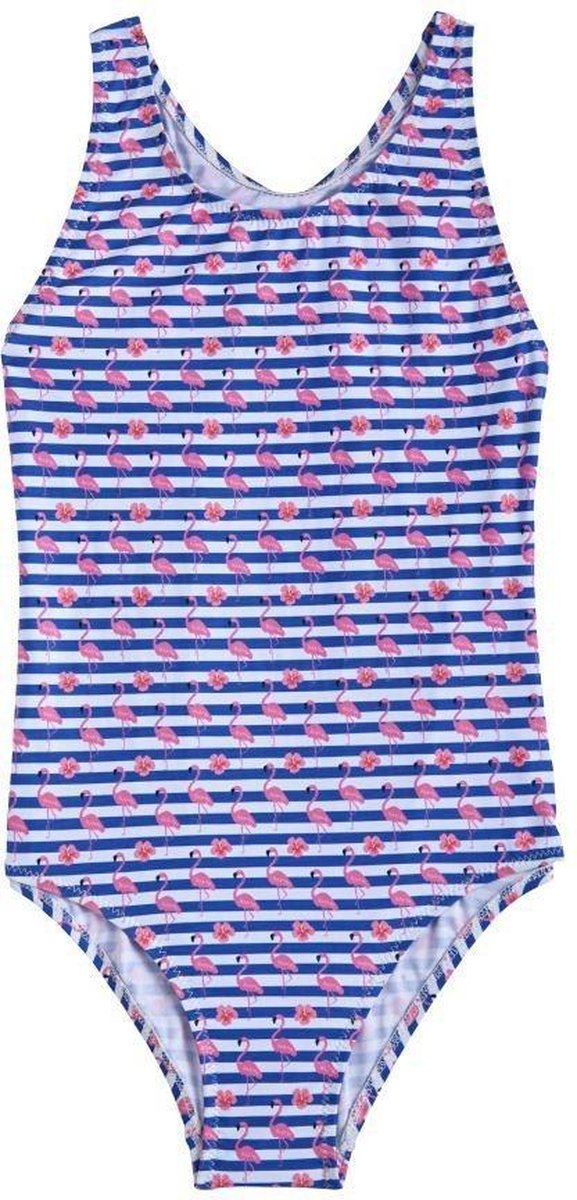 Slipstop Badpak gestreept blauw flamingo (valt klein) 104/110
