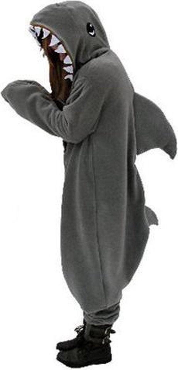 KIMU Onesie haai kinder pak grijs kostuum vis - maat 146-152 - haaienpak jumpsuit pyjama