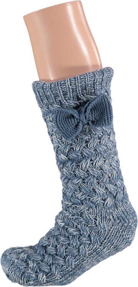 HomeSocks Antislip Gebreid Chenille met strik | Jeans Blauw
