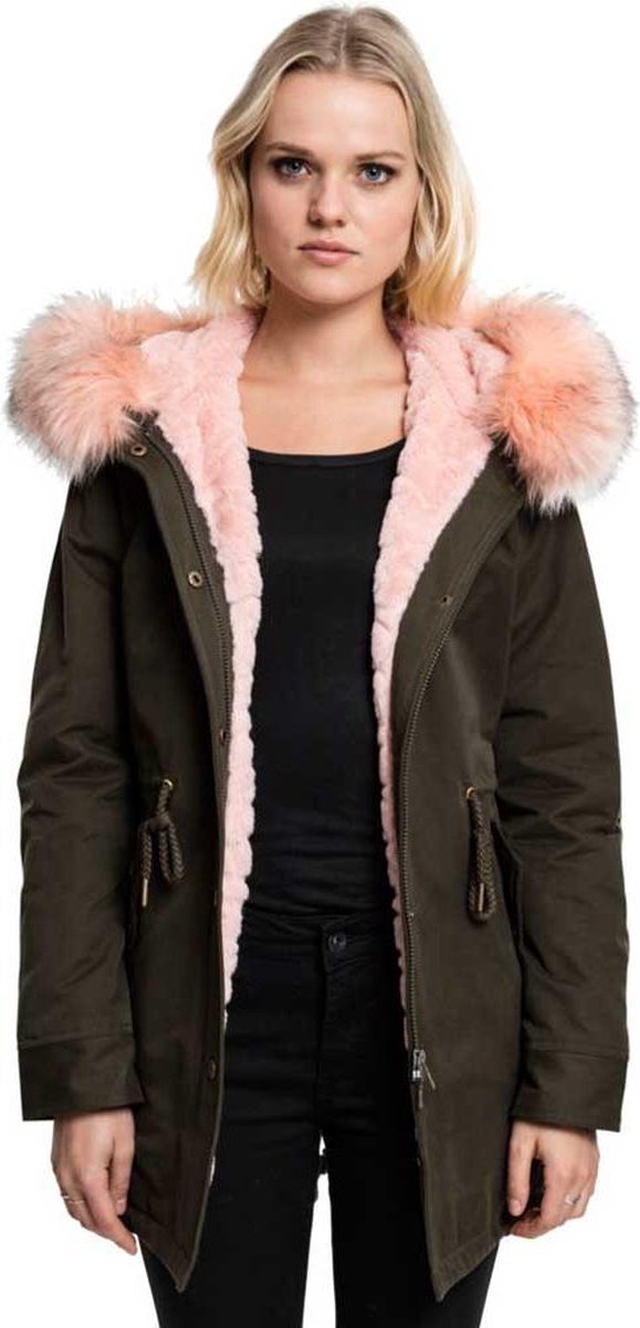 Urban Classics Parka jas -XS- Peached Teddy Lined Groen/Roze