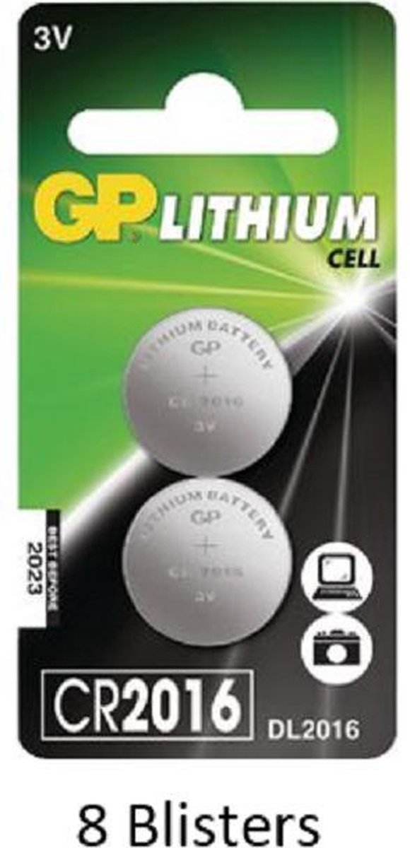 16 stuks (8 blisters a 2 stuks) GP Lithium CR2016 3V