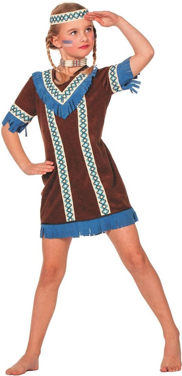 """Indianenkostuum met blauwe franjes voor meisjes - Kinderkostuums - 128-140"""