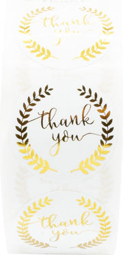 PrimeAmbition Thank You Stickers - 500 Stuks op Rol – Wit Goudkleurig - Rond – 2.5 x 2.5 cm – Bedankt - Sluitsticker - Sluitzegel