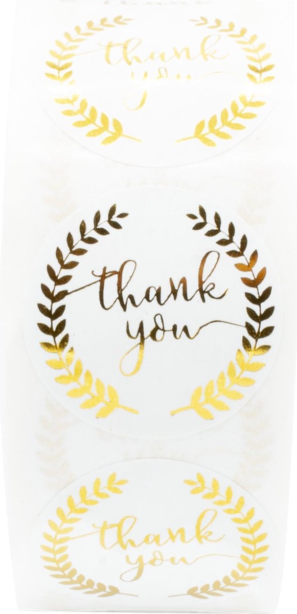 PrimeAmbition Thank You Stickers - 500 Stuks op Rol – Wit Goudkleurig - Rond – 2.5 x 2.5 cm – Bedankt - Sluitsticker - Sluitzegel