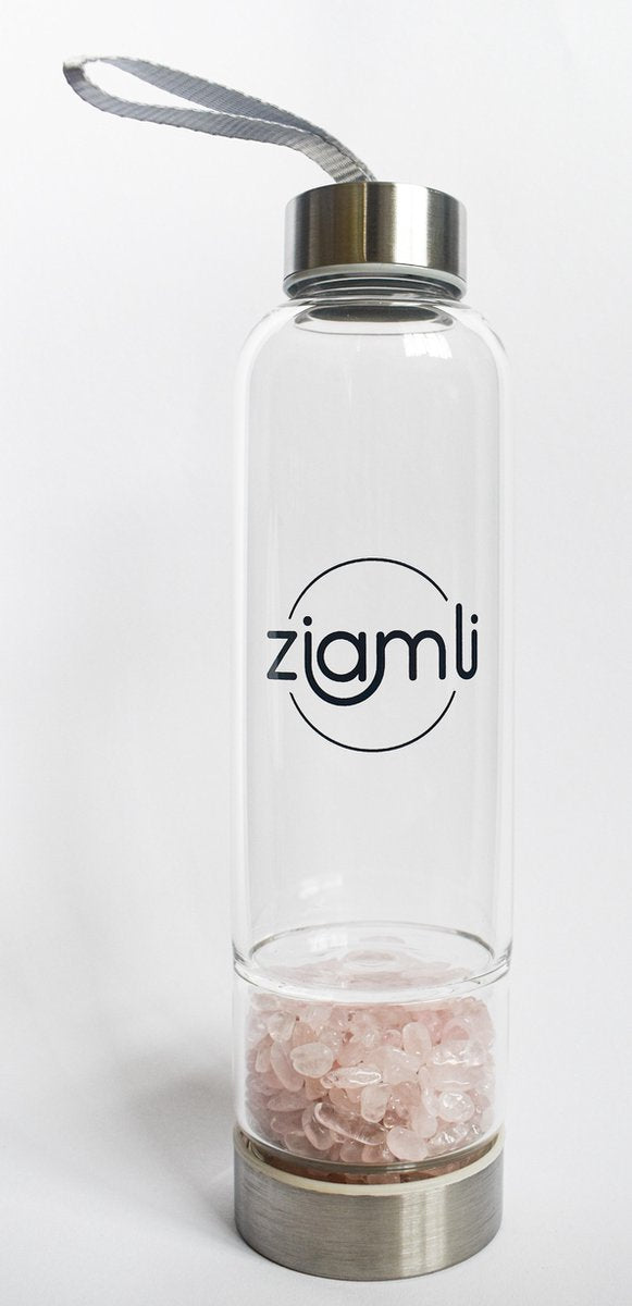 Ziamli Waterfles - Rozenkwarts  - Waterfles met kristallen (kleine) - Kristal waterfles - 550 ML