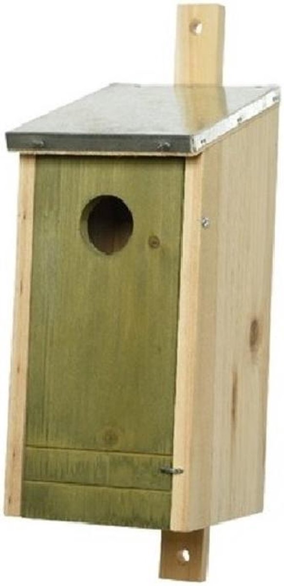 Houten vogelhuisje/nestkastje met lichtgroene voorzijde en metalen dakje 26 cm - Vogelhuisjes tuindecoraties