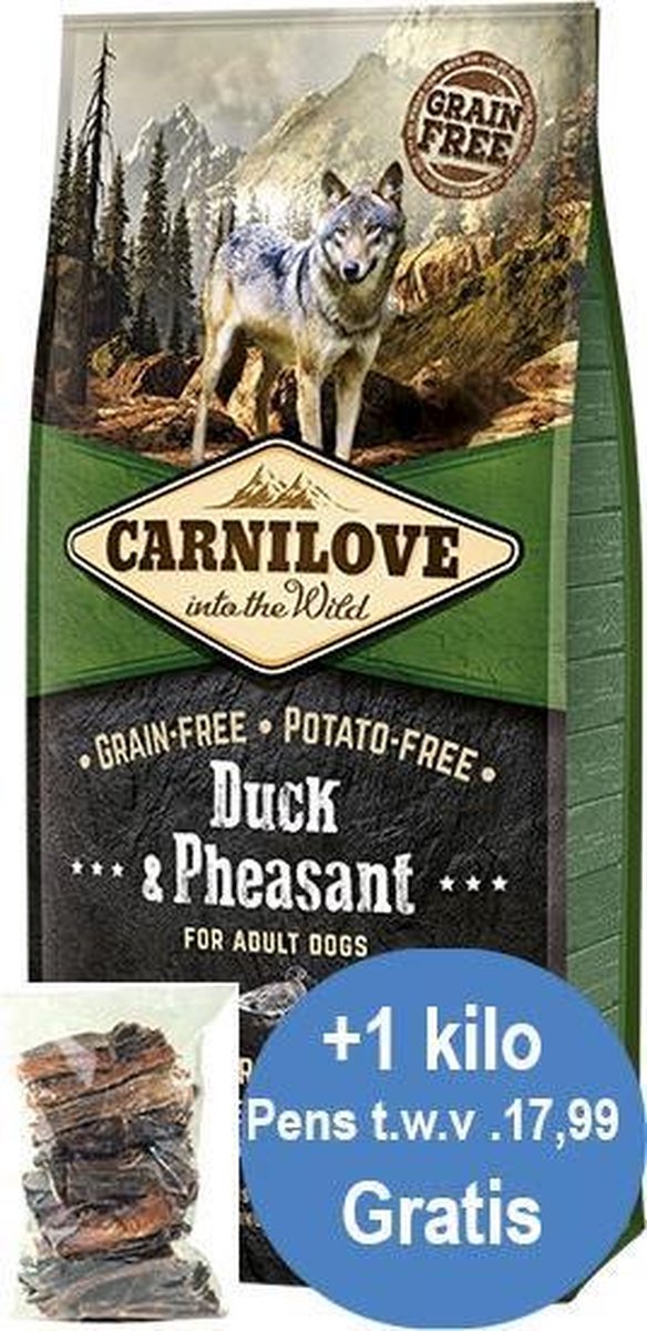 Carnilove Eend&Fazant adult (70% vlees) 12kg + 1kg pensstaafjes gratis twv 17