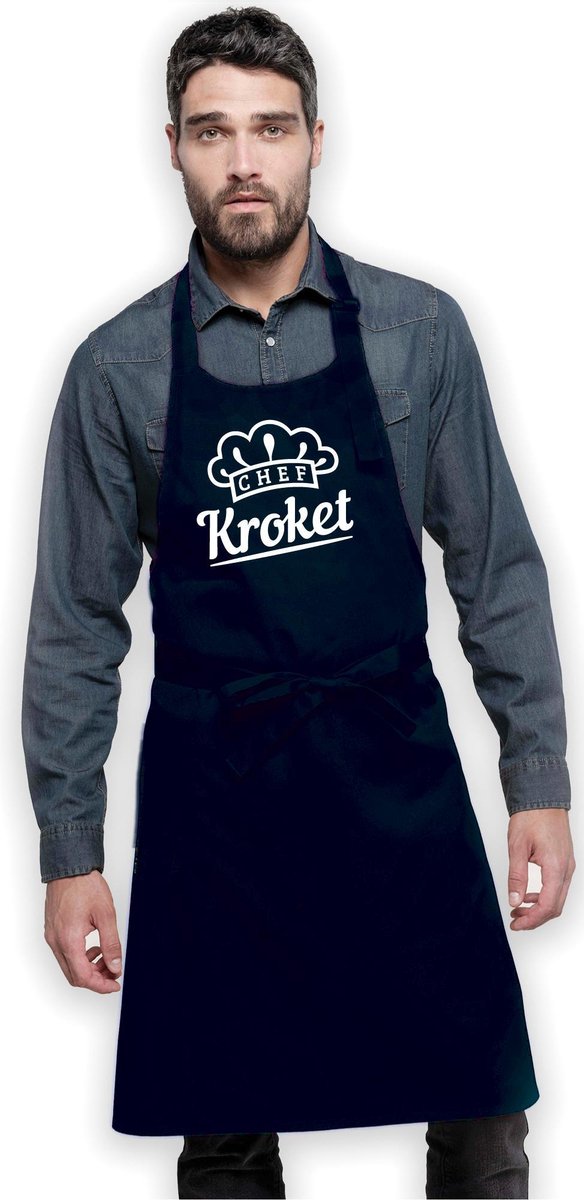 Chef Kroket - Keukenschort - Kookschort  - BBQ - Barbecue schort - Keuken - Grappig - Dames Heren - Marineblauw - Donkey Designs