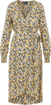 Pieces Dames 17116627 Sille ls warp dress Black BLUE AND YELLOW FLOWER Jurk - Maat XS