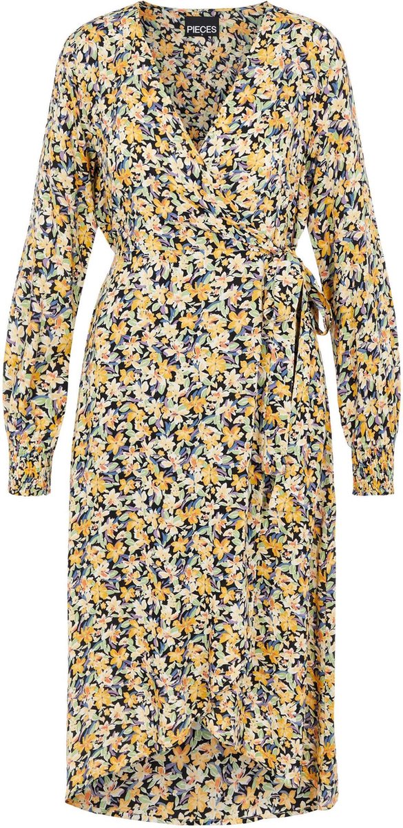 Pieces Dames 17116627 Sille ls warp dress Black BLUE AND YELLOW FLOWER Jurk - Maat XS