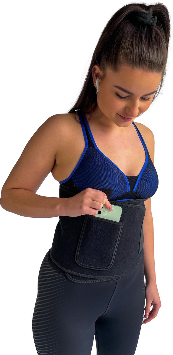 Zweetband Buik met Telefoonhouder - Afslankband Buik - Waist Trainer - Waist Shaper - Sauna Band - Sauna Belt - One Size - Zwart