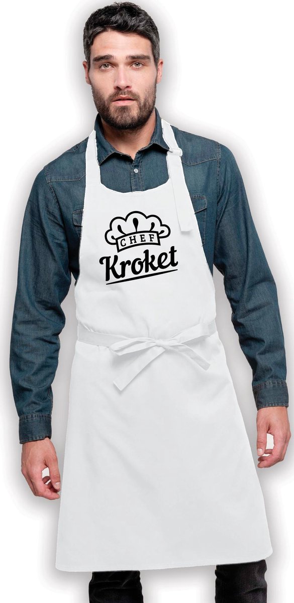Chef Kroket - Keukenschort - Kookschort  - BBQ - Barbecue schort - Keuken - Grappig - Dames Heren - Wit - Donkey Designs