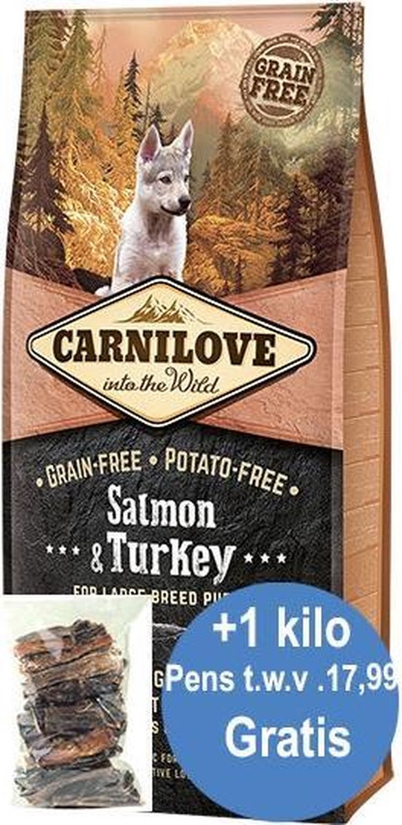 Carnilove Puppy Large Zalm & Kalkoen 12 +1kg pensstaafjes gratis twv 17