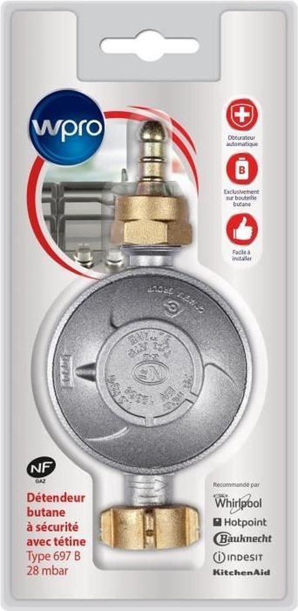 WPRO DBB028 Expansieklep met ge�ntegreerde automatische sluiter voor butaangas met afneembare 28mbar druknippel