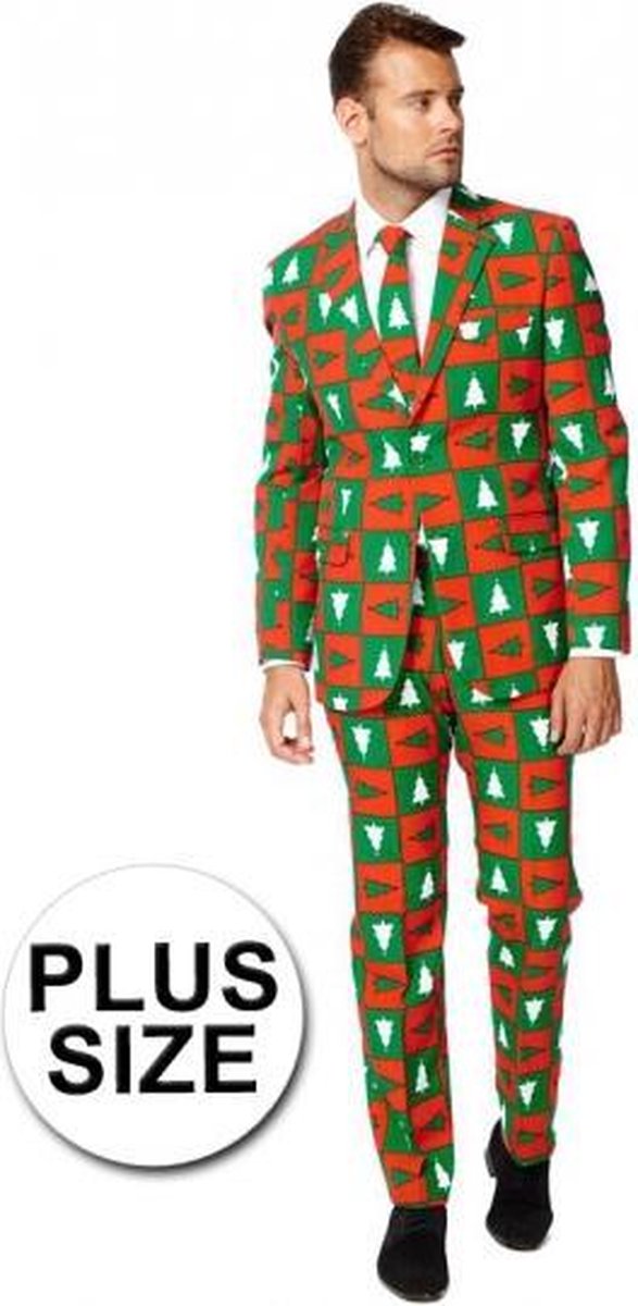 Grote maat heren kostuum met kerstbomen print 54 (2XL)