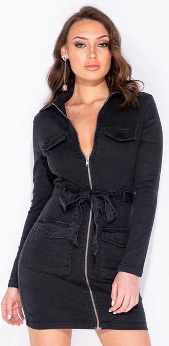 PARISIAN Long Sleeve Zip Front Self Belt Stretch Denim - Dames - Zwart