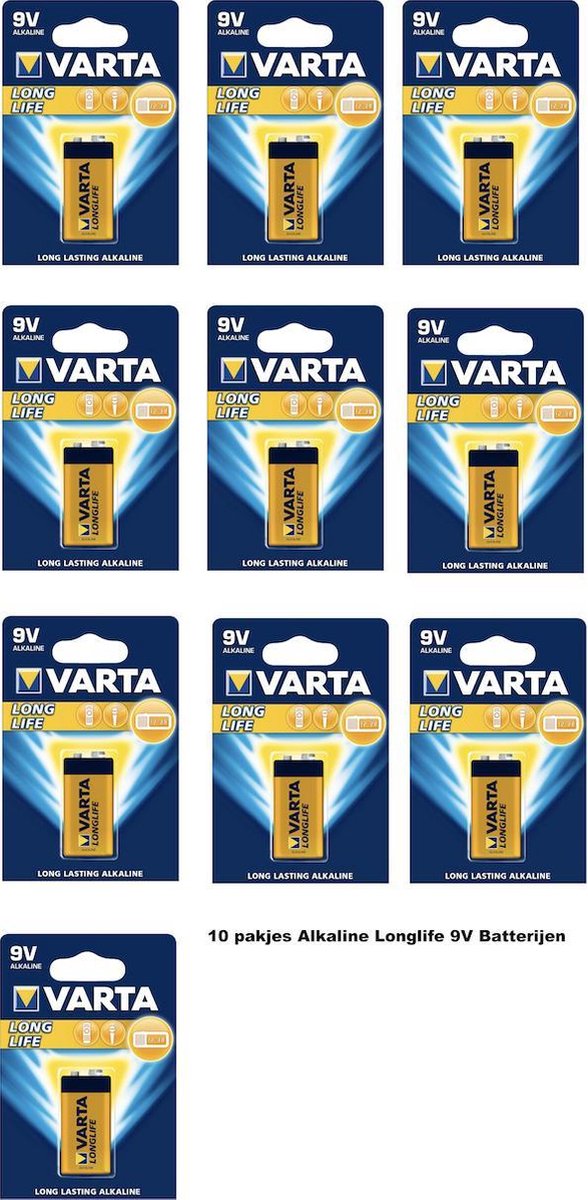 10 pakjes 9V Alkaline Batterijen van Varta (Longlife)