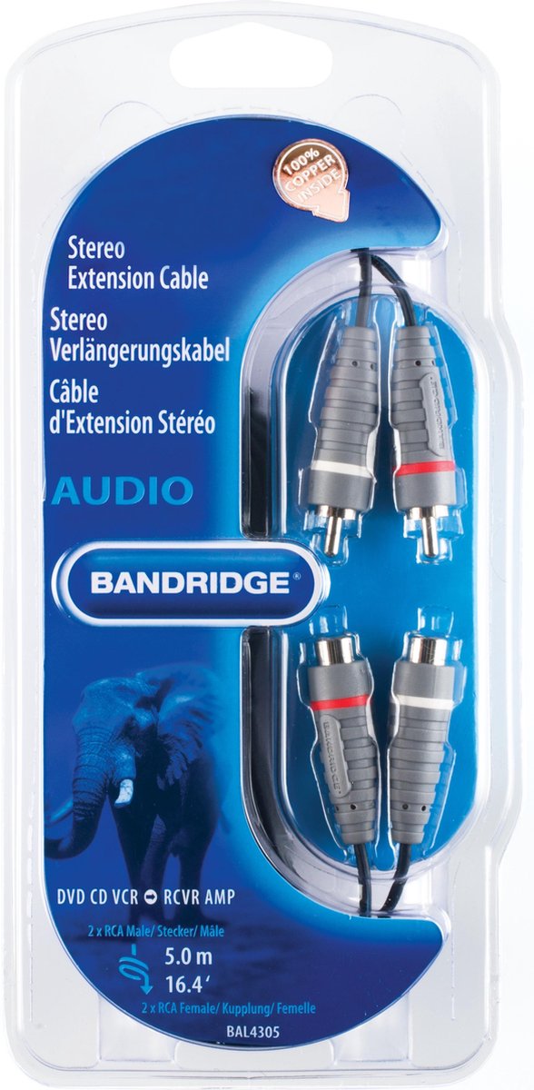 Bandridge - RCA / Tulp verlengkabel - male -> female - 5 meter