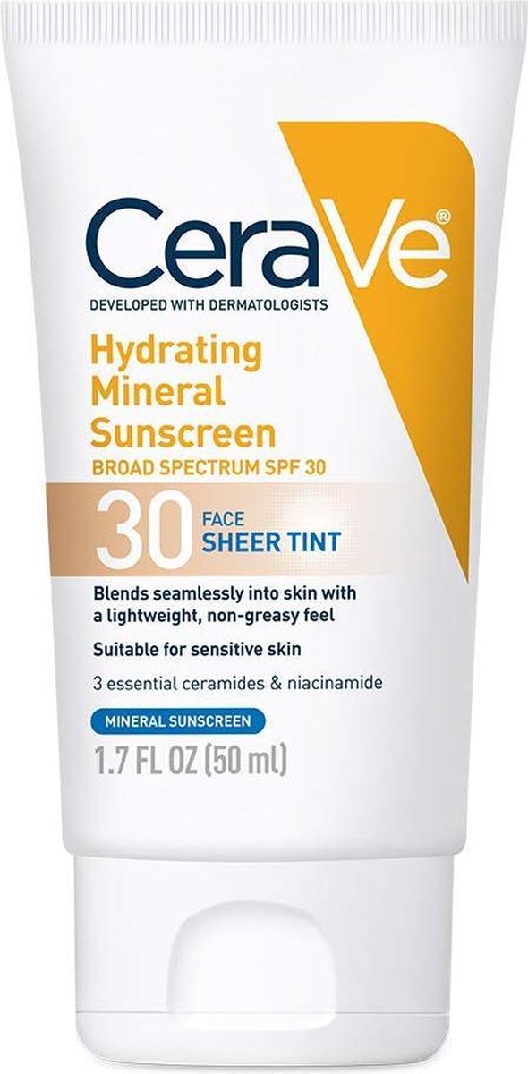 CeraVe Hydraterende minerale zonnebrandcrème Face Sheer Tint SPF 30 - Gezichtscrème - Gezichtslotion - Niacinamide - Hyaluronic acid - Voor alle huidskleuren