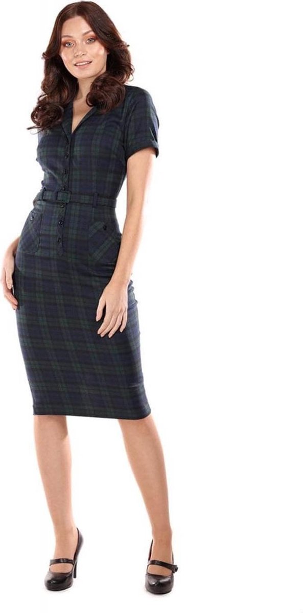 Collectif Caterina Blackwatch Check 40's Pencil Jurk Multi