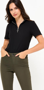 T-shirt met rits op de kraag - Zwart