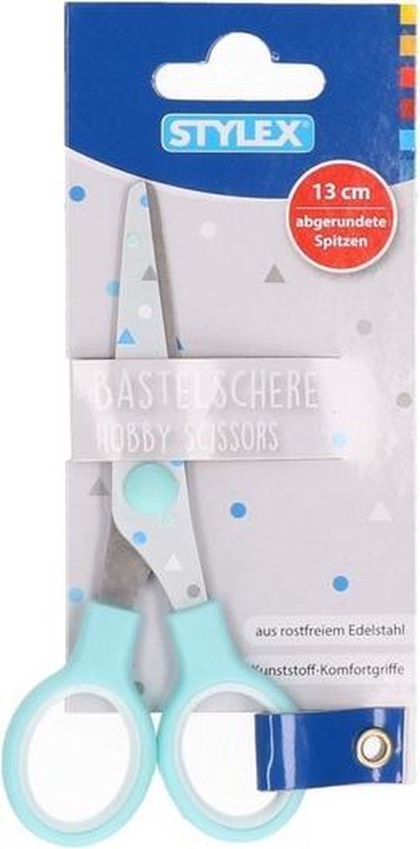 Kinder schaar aqua met cirkel print 13 cm - Hobby/knutselspullen - Creatief speelgoed