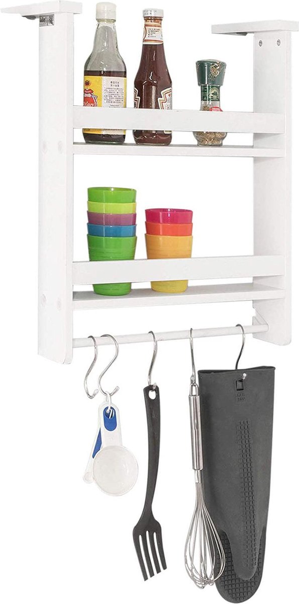 Simpletrade Wandrek -Kruidenrek - 2 planken -  5 haken - Hout - 42x9(20)x50 cm