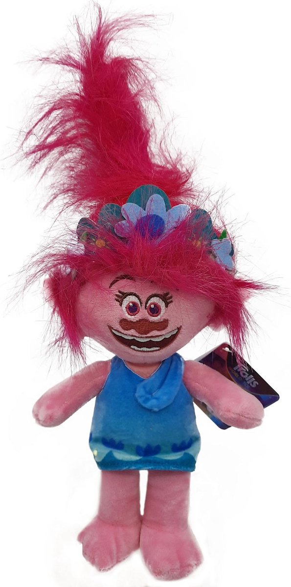 Trolls World Tour - Poppy in Blauwe Jurk - Pluche Knuffel Pop - 35 cm