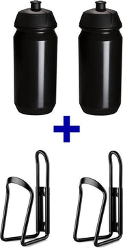 set Bidonnen met aluminium bidonhouders - bestaande uit 2x 500ml Tacx Shiva bidons met bidonhouder - Zwart