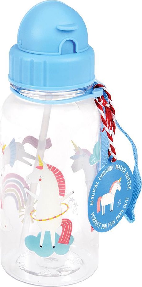 Rex London - Magical Unicorn - Drinkfles met Rietje - 500ml - Blauw