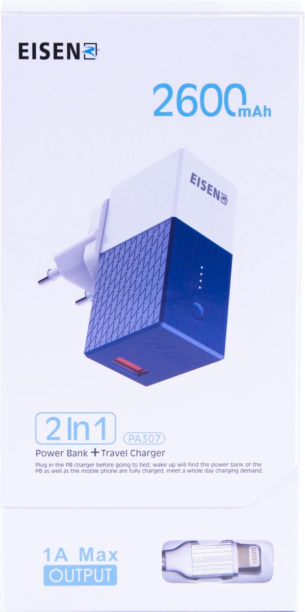 Eisenz PA307 2 in 1 POWER BANK + OPLADER Met iPhone Kabel