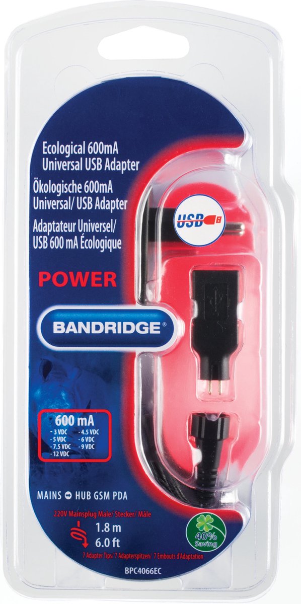 Bandridge - Voedingsadapter Universele AC Stroom Adapter 3 VDC / 4.5 VDC / 6 VDC / 7.5 VDC / 9 VDC / 12 VDC - 600 mA
