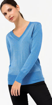 Gebreide trui met V-hals en lurex - Blauw