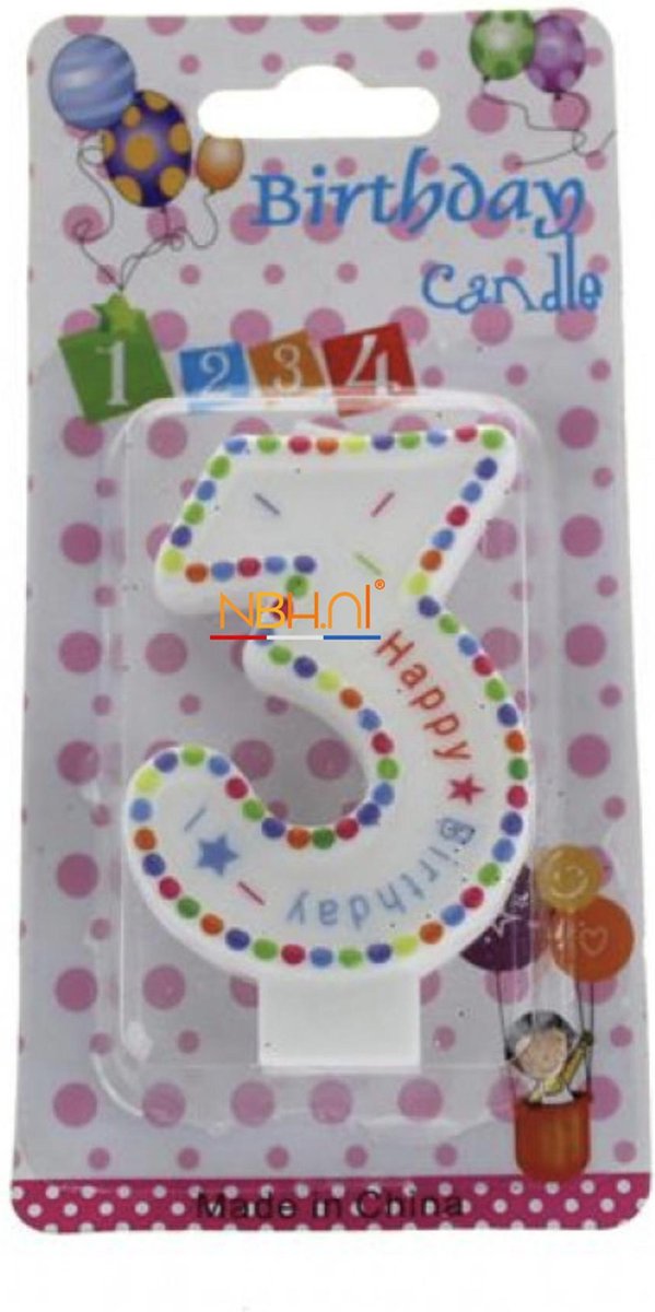 Taartkaars - cijfer 3 - Dots and stars  - Verjaardags kaars
