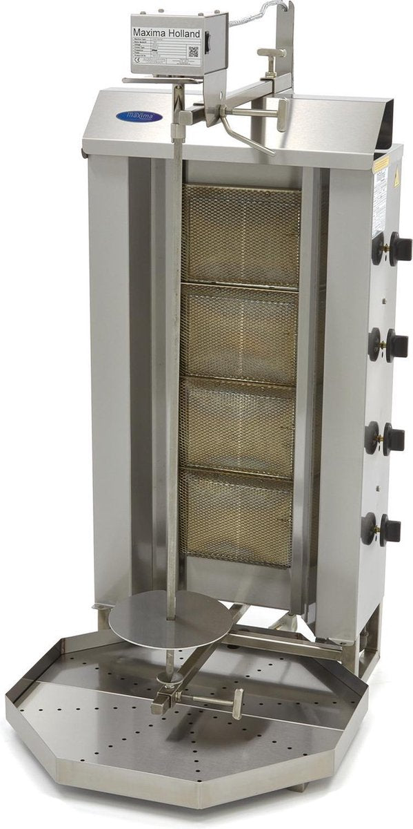 Doner Kebab / Gyros / Shoarma Grill 4 Branders - Gas - RVS - Max. 50 kg Vlees - Verstelbare Spies - Links + Rechts Draaiend - Doner Grill - Maxima