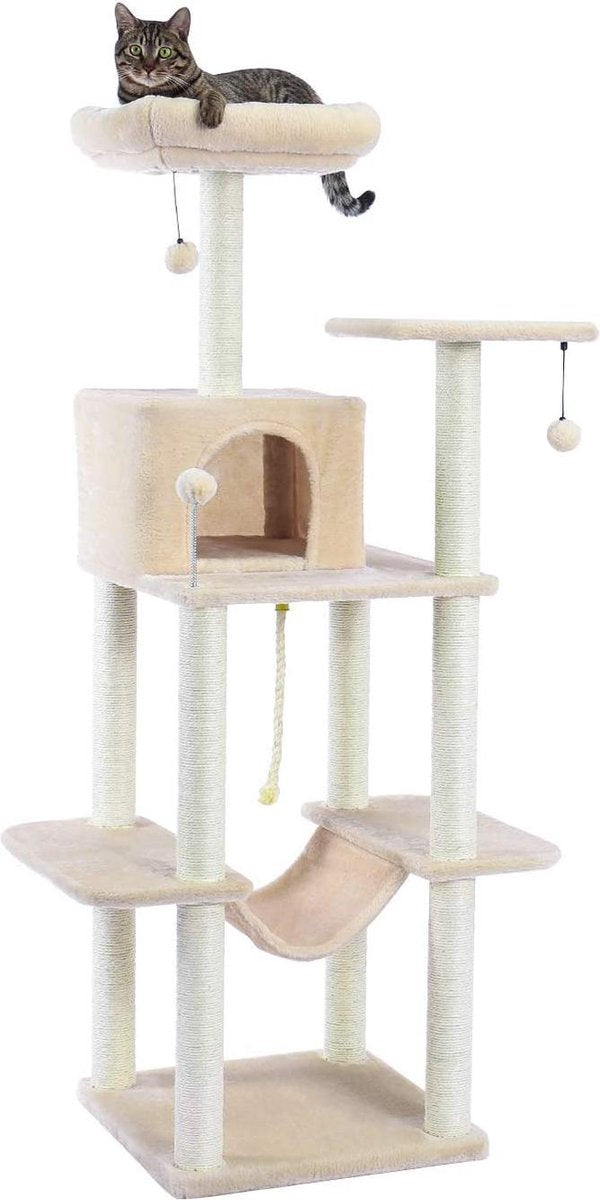 krabpaal-Kattenhuis -Krabpaal met sisal bekleden krabpalen- Pluche woontoren- accommodatie -Hangmat- Krabpaal activiteitencentrum Zitstokken -Platform -Bungelende ballen voor kittens -153cm hoog- Beige