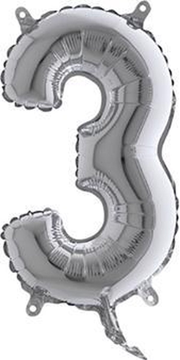 Folieballon - Cijfer 3 - Zilver - Grabo balloon - 35cm