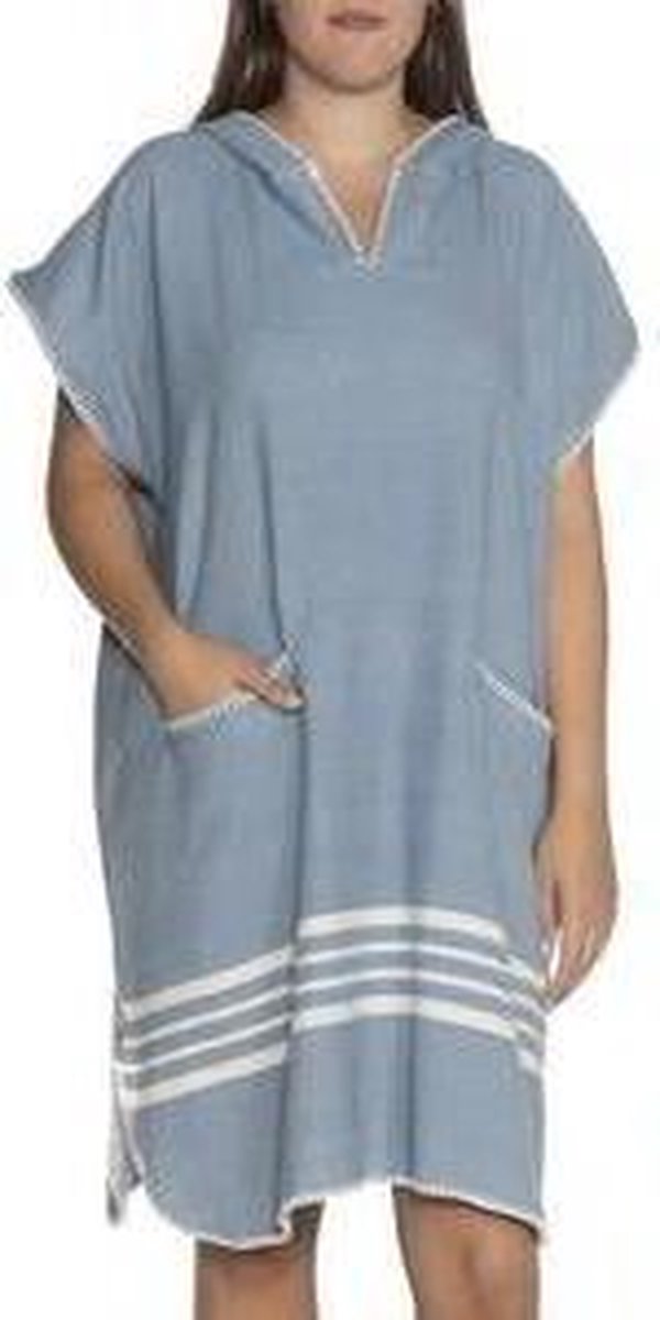 Strandponcho Sultan Air Blue - maat L/XL - dames poncho - poncho volwassen - poncho met capuchon - maat L/XL - saunaponcho - damesponcho