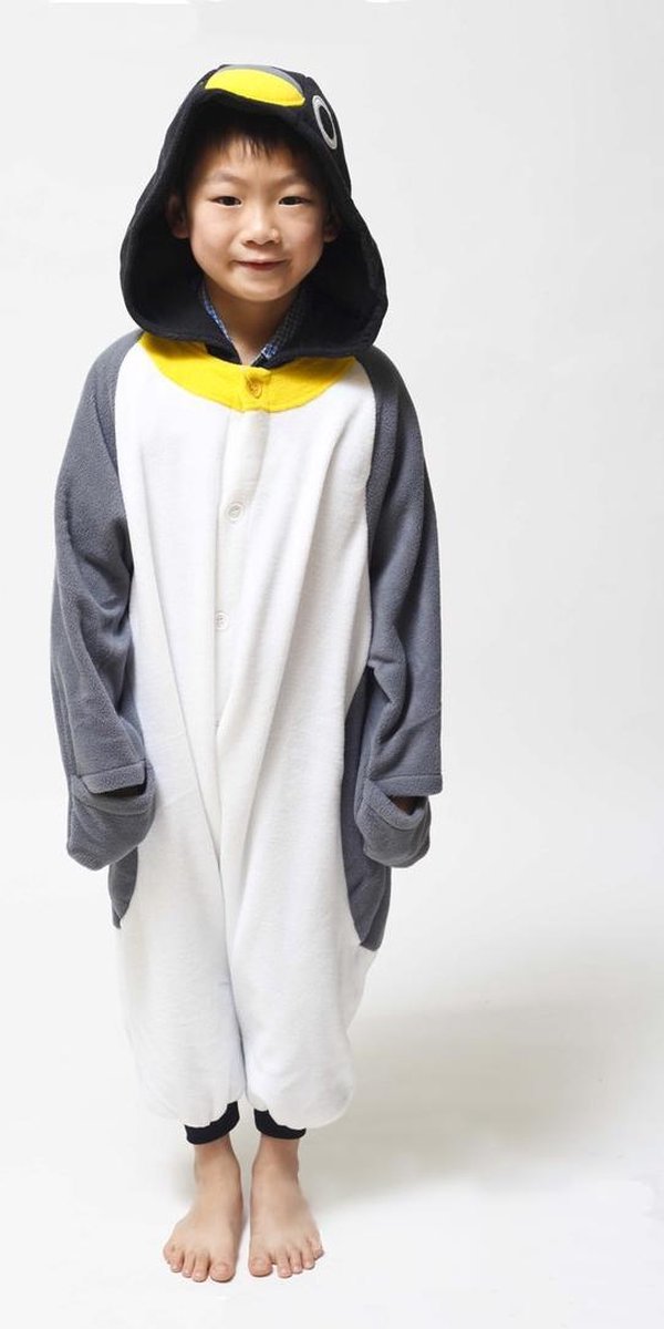 KIMU Onesie pinguin kinder pak grijs kostuum - maat 110-116 - pinguinpak jumpsuit pyjama