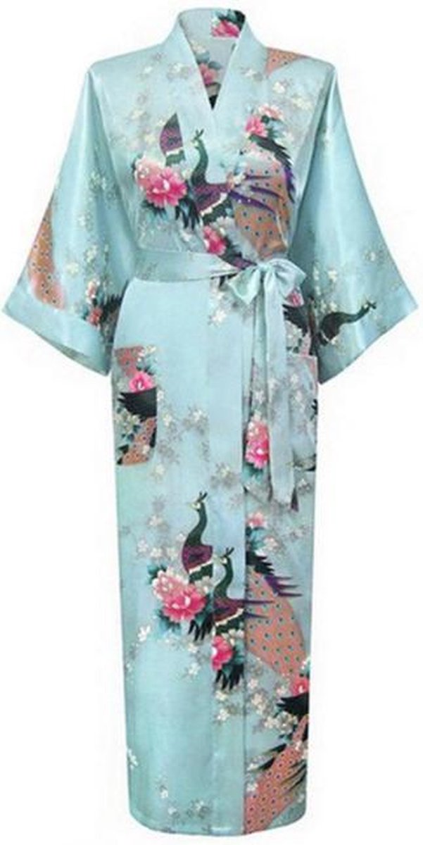 Japanse lichtblauwe kimono yukata geisha 7/8 jas - maat M-L - blauw lang vest Aziatische ochtendjas wrap dress Japan