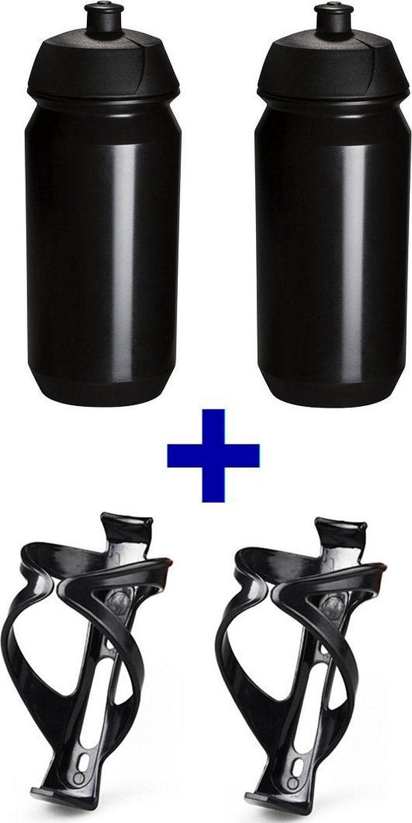 set Bidonnen met Ultralight Bidonhouders - bestaande uit 2x 500ml Tacx Shiva bidons met lichtgewicht bidonhouder - Zwart