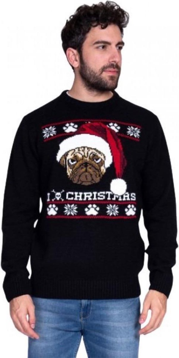 Unisex Kersttrui - Fijn Gebreid - Sochristmas - Bulldog - Zwart
